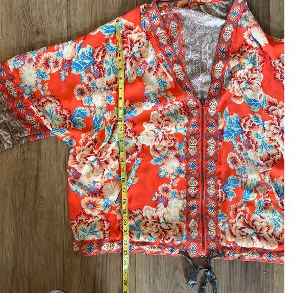 Free People Wildflower Cinched Zip Kimono Jacket Orange Blue Cream Floral M L - Picture 9 of 10
